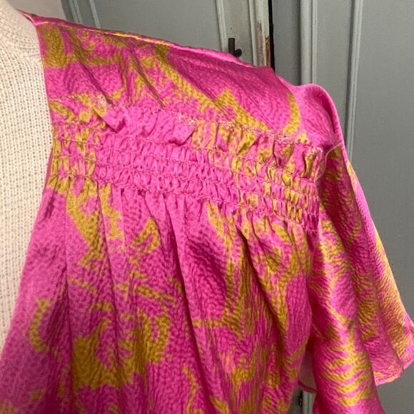 Tanya Taylor Paris Hammered Silk Dress Size 10 Wrap Flutter Sleeve Pink Ruffle - Picture 9 of 11